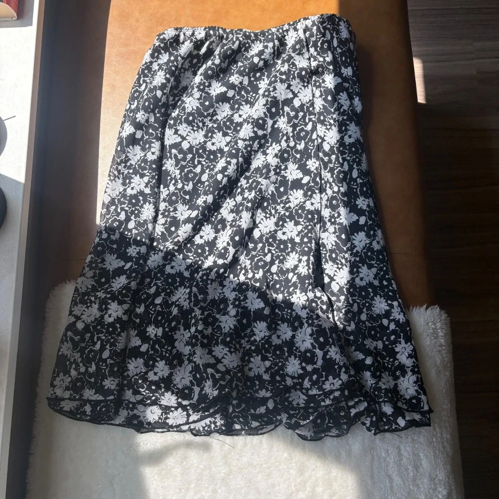 Notations Vintage Y2K Black White Floral Midi Skirt Elastic Waist Size S
